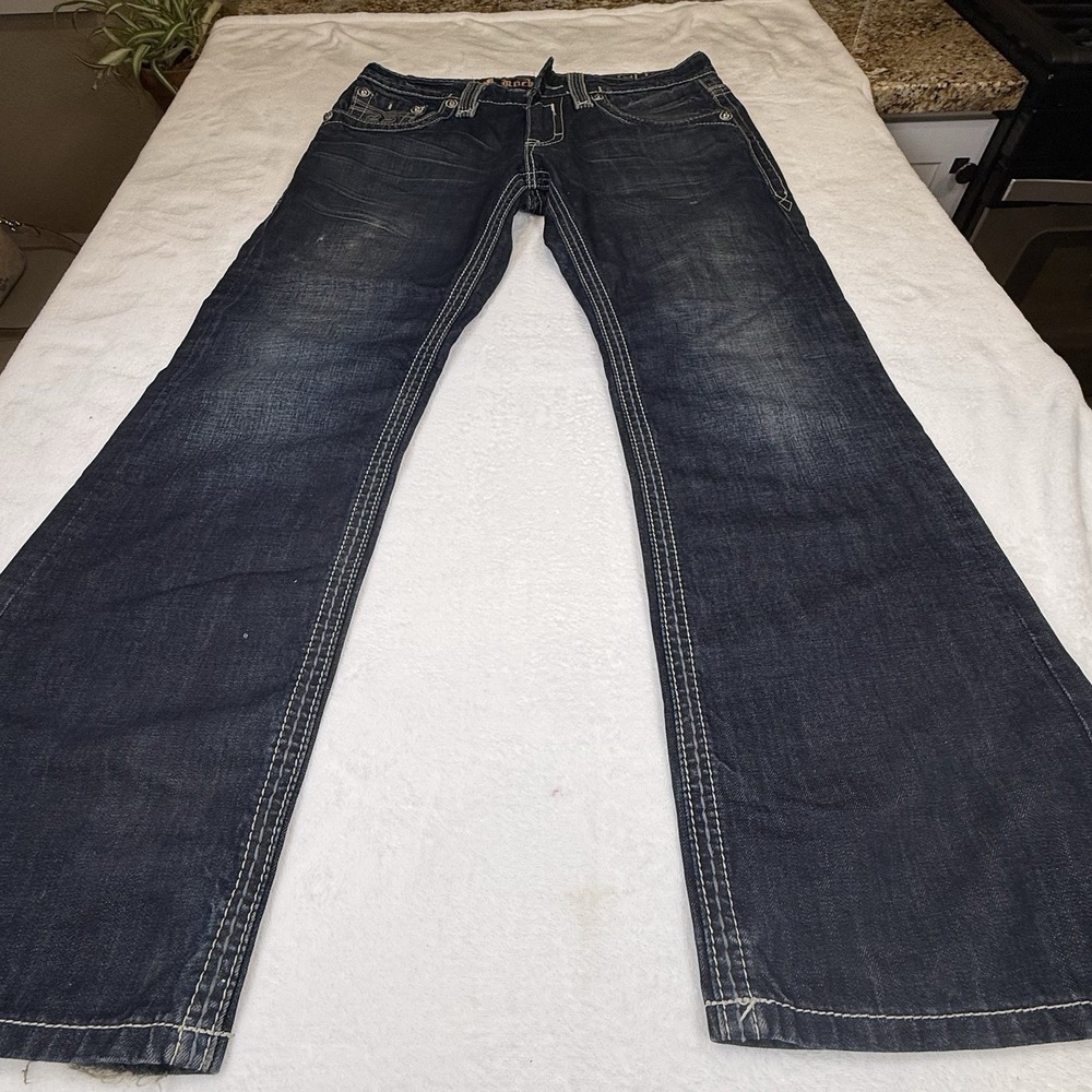 Rock Revival Corbin Men’s Jeans 34 Dark Wash Bootcut Fleur De Lis Distressed